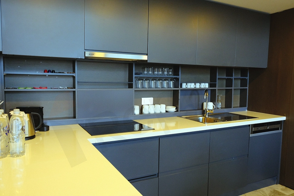 Modern dolaplar ve ankastre ürünlerle donatılmış şık ve eşyalı villa mutfağı.