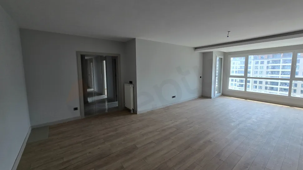 Modern mimariye sahip, geniş pencereli ve gün ışığı alan boş bir oturma odası alanı.
