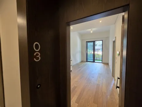 Modern bir binada yer alan daire girişi ve antre alanı.