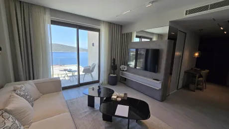 Geniş pencereli, ferah ve modern tasarımlı bir müstakil evin oturma odası alanı.