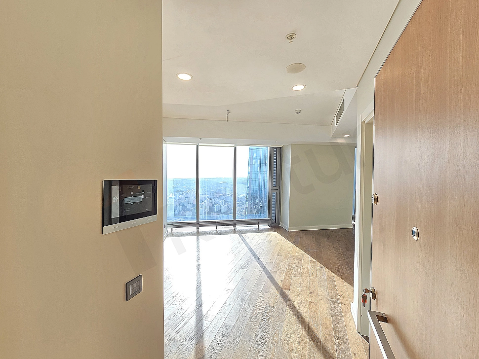Modern daire giriş alanı, ahşap kapı, beyaz duvarlar, aydınlatma detayı