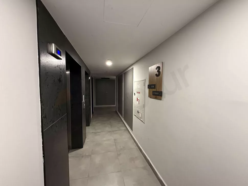 Modern binada çelik kapılı ve şık tasarımlı asansör kabini.
