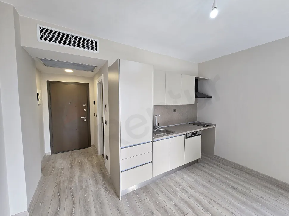 Modern tasarımlı açık plan mutfak alanı ve mutfak dolapları