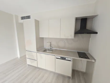 Modern tasarımlı açık plan mutfak, mutfak dolapları ve tezgah alanı.
