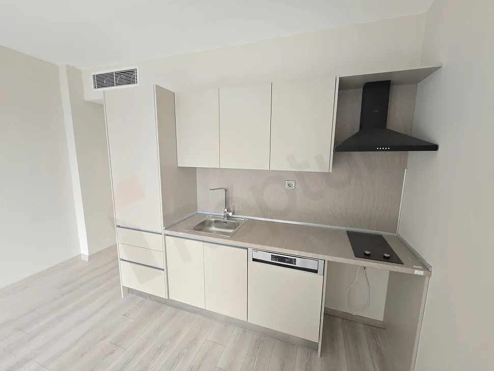 Modern tasarımlı açık plan mutfak, mutfak dolapları ve tezgah alanı.