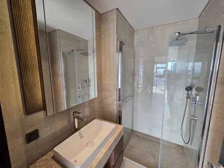 Modern tasarımlı şık ve geniş banyo iç mekan görünümü