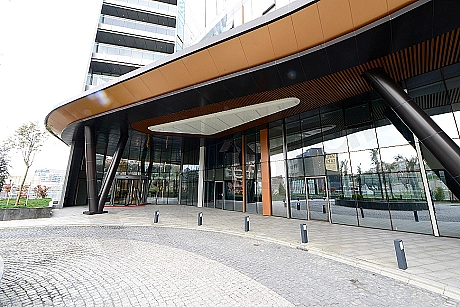 Modern çelik güvenlik kapısı, ahşap detaylı.