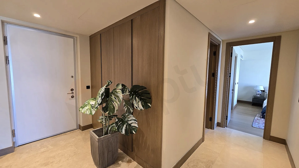 Modern bir villanın şık ve aydınlık giriş kapısı ile antre alanı görünümü.